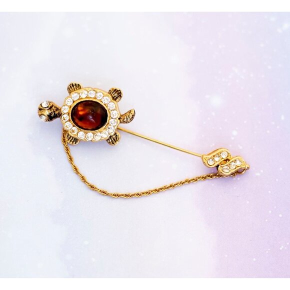 Vintage Jeweled Turtle Stick Pin | Gold Tone | J27 - Picture 1 of 2